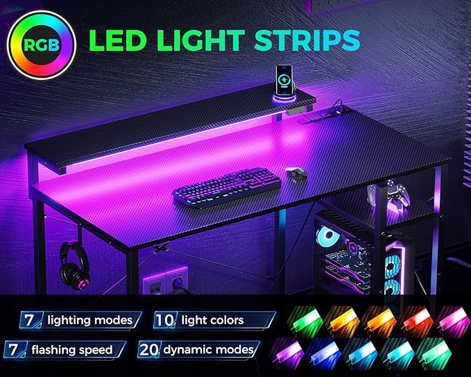 MOTPK 40 Inch Small Gaming Desk with Storage & Led Lights, Computer Desk with Power Outlet & Shelf, Reversible Gamer Desk with Adjustable Monitor Stand, Carbon Fiber Texture Black
