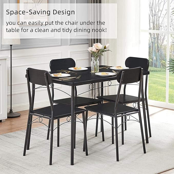 VECELO Dining Table Set for 4, 5 Piece Dinette with Chairs for Kitchen, Breakfast Nook and Small Space, Black