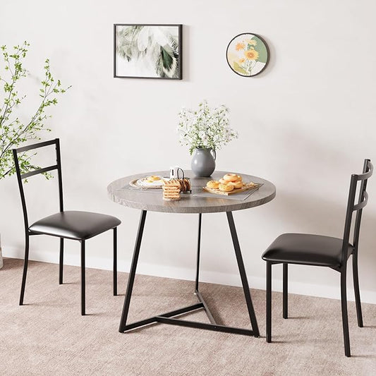 CABIHOME Dining Table Set for 2, Round Kitchen Table Set, Dining Table Set with 2 Upholstered Chairs, 3 Piece Kitchen Table Set for Small Space, Apartment, Retro Gray
