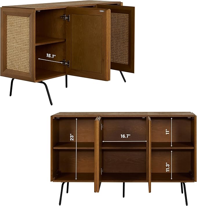 NTC MOSSIC Modern Sideboard with 3 Doors, Natural Rattan Storage Cabinet, Buffet with Metal Legs, Boho Accent Cabinet for Living Room, and Entryway, Effortless Assembly - Rustic Oak