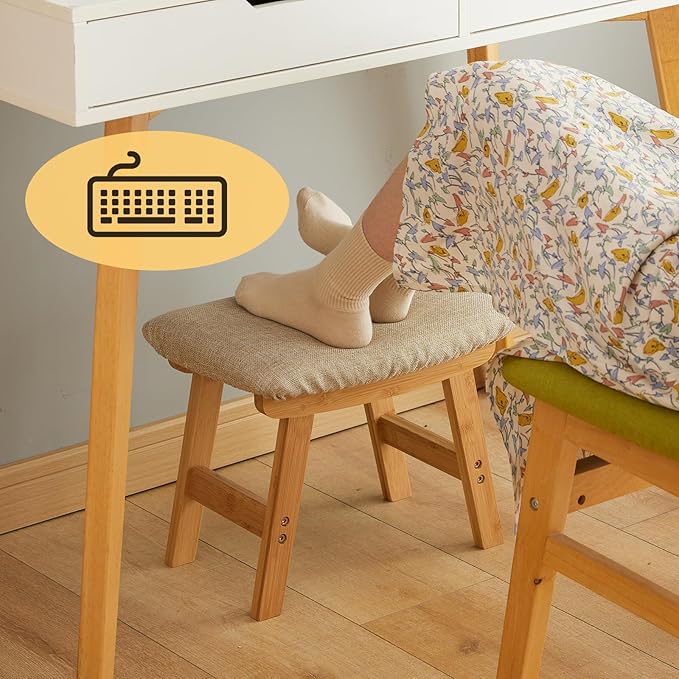 Foot Stool Ottoman Foot Rest Under Desk,Small Stool for Living Room, Bedroom and Kitchen (Natural Legs - Beige Stool Surface)