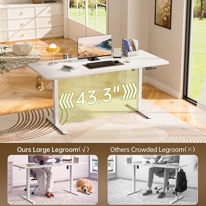 Veken 63x27.6 Inch Large Electric Standing Desk, 4 Memory Heights Adjustable,Sit to Stand Up, Work Home Office Computer Table for Walking Pad, Gifts for Dad, Wooden Desktop Desks, White