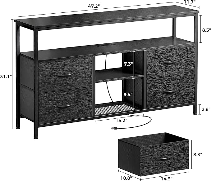 Huuger 47 Inch TV Stand Dresser with Power Outlets and LED Lights, 4 Drawers Entertainment Center with Open Shelf, Media Console for 55 50 Inch TV, Dresser with PU Finish, Black