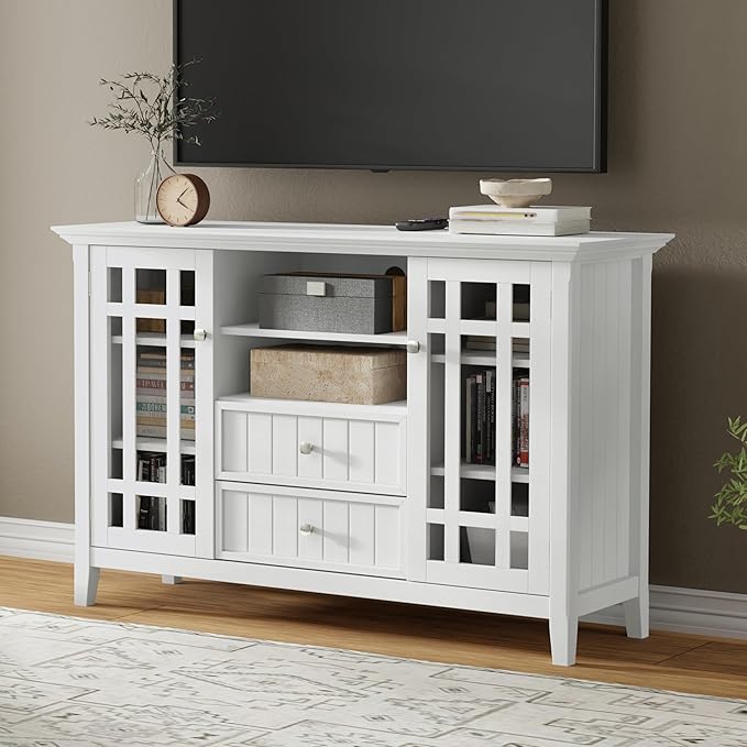 SIMPLIHOME Bedford SOLID WOOD 53 inch Wide Transitional TV Media Stand in White For TVs up to 60 inches for the Living Room and Entertainment Center