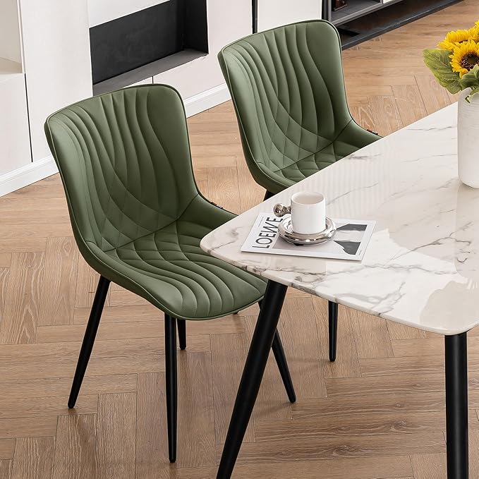 YOUTASTE Dining Chairs Set of 2 Upholstered Mid Century Modern Kitchen & Dining Room Chairs Armless Faux Leather Accent Chair with Padded Back Metal Legs for Bedroom Vanity Lounge, Olive Green