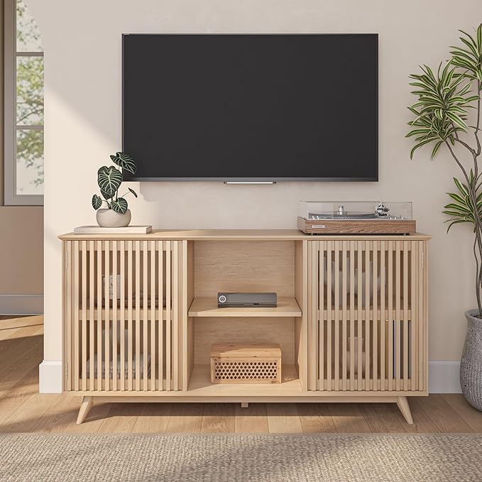 Plank+Beam Mid-Century Modern Wood TV Stand, Solid Wood Entertainment Console with Storage, 59" L x 16" W x 30" H, Blonde