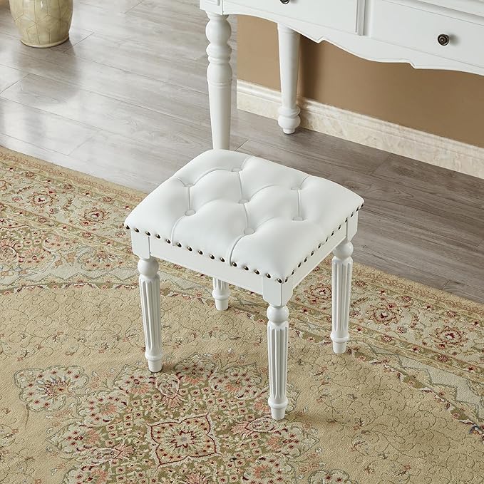 Vanity Bench Stool with Microfiber Leather Cushion, Vanity Chair Ottoman Dressing Stool with Solid Wood Legs for Bedroom, Makeup Room, Dressing Room (White)
