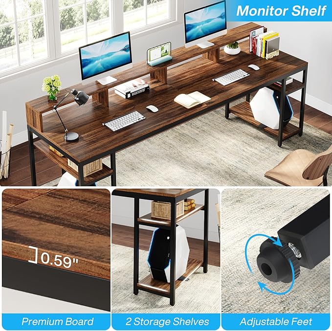 Tribesigns Two Person Desk with Monitor Stand, 78.74" Long Double Computer Office Desk with Storage Shelves, Large Gaming Study Writing Table Workstation for Home Office (Rustic Brown)