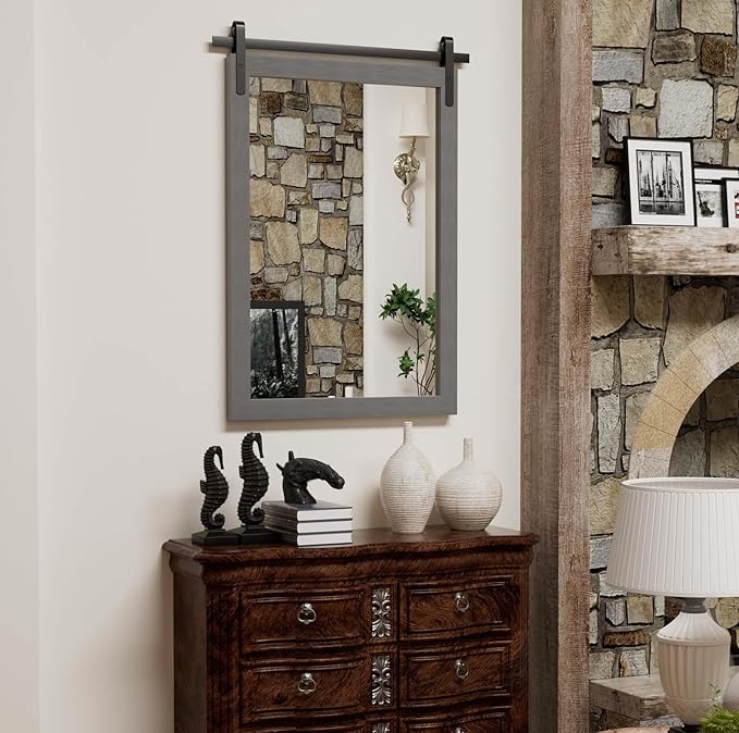 Farmhouse Wall Mirror, Rustic Wood Frame Bathroom Mirror Barn Door Inspired Decorative Vanity Dress Mirrors for Living Room Entryway, 18x26 INCH Gray Vertical