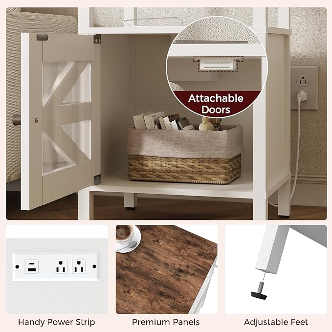 Farmhouse Nightstand with Charging Station, White Bedside Table with USB&Type-C Ports and Outlets, End Table with Storage, Acrylic Door, for Bedroom, White and Rustic Brown ETRW97E01