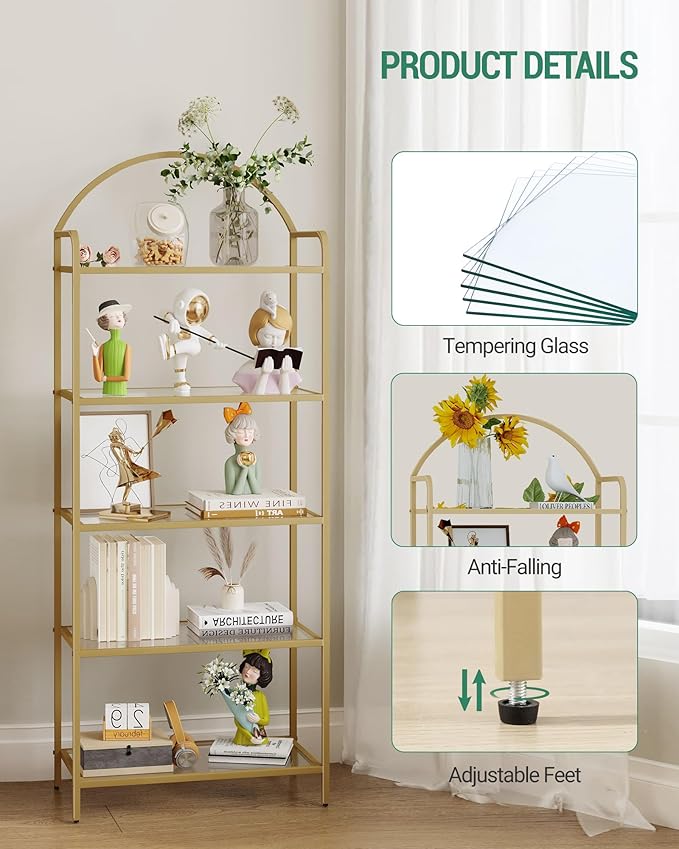 Bookcase Bookshelf, Tempered Glass Bookshelves, Slim Shelving Unit for Bedroom, Bathroom, Home Office, Steel Frame, 5 Tier Gold BC21599G