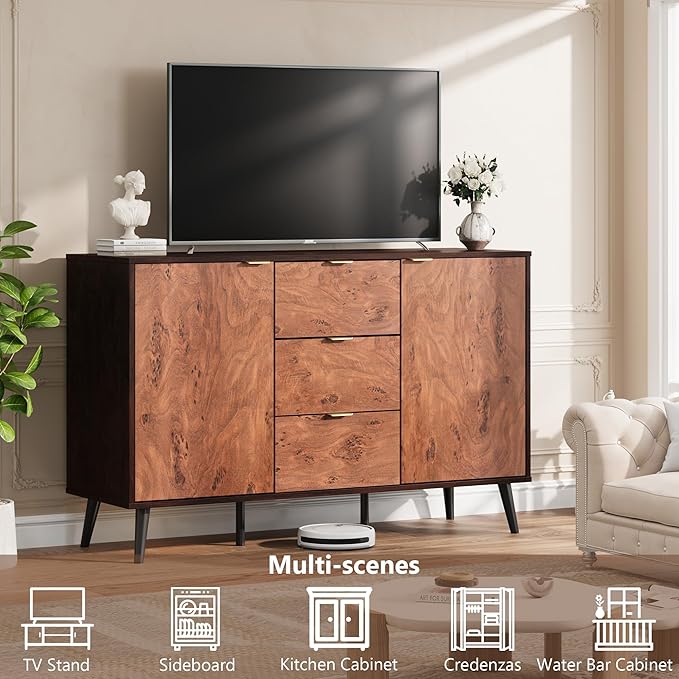 GarveeHome Buffet Cabinet with Drawers, 51.2'' Large Sideboard Buffet Credenza Storage Cabinet with Shelves and Doors, Coffee Station Cabinet with Metal Handle, Robot Vacuum Friendly (Walnut)
