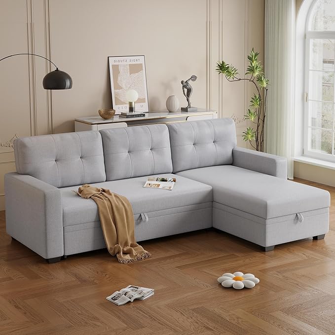 Ball & Cast L-Shape Convertible Sectional Sleeper Sofa Bed 4 in 1 Pull Out Couch with Reversible Storage Chaise & Removable Back Cushions,Sleeper Corner Couch Pull Out Sofa Bed for Living Room,Office