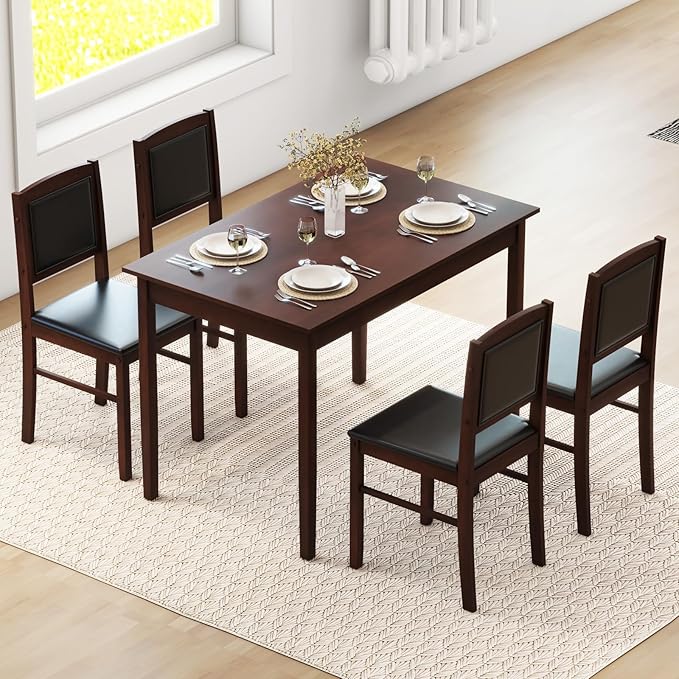 Giantex 5-Piece Dining Table Set for 4 - Breakfast Nook Table Set with Kitchen Table, 4 Upholstered Chairs, Wood Legs, Space-Saving Dinette Set, Kitchen Table Chairs Set of 4 (Cherry Brown)