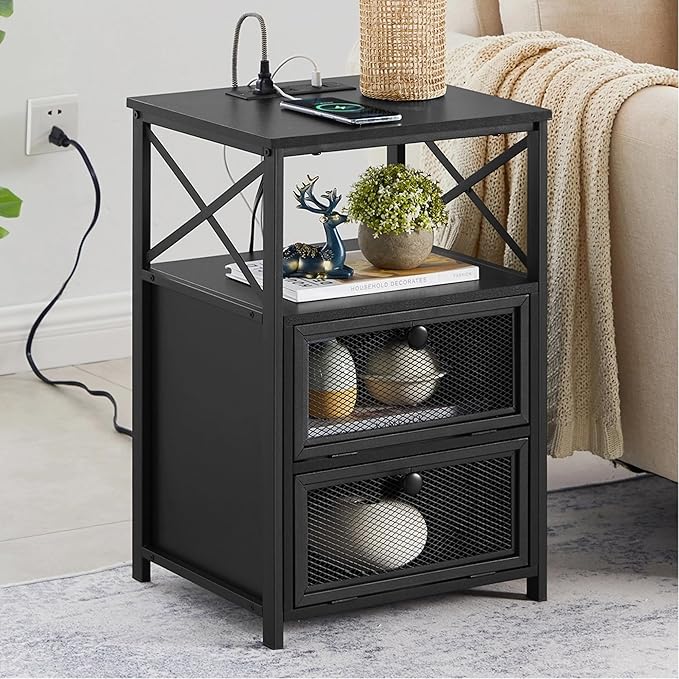 VECELO Black End Table with USB Ports and Outlets,24 Inch Nightstands with Charging Station and Storage Shelf for Bedroom,Living Room, 1 Set