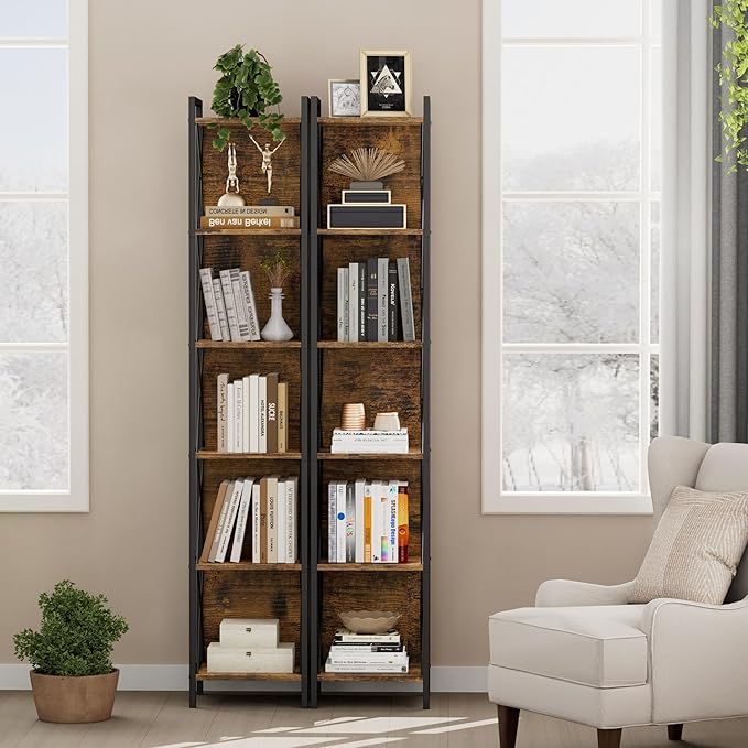 Homhedy 6 Tier Bookshelf Bookcase, Tall Narrow Bookshelf for Small Space, Metal Storage Shelves with Back Panel, for Home Office, Living Room, Kitchen, Bedroom, Industrial Style, Rustic Brown