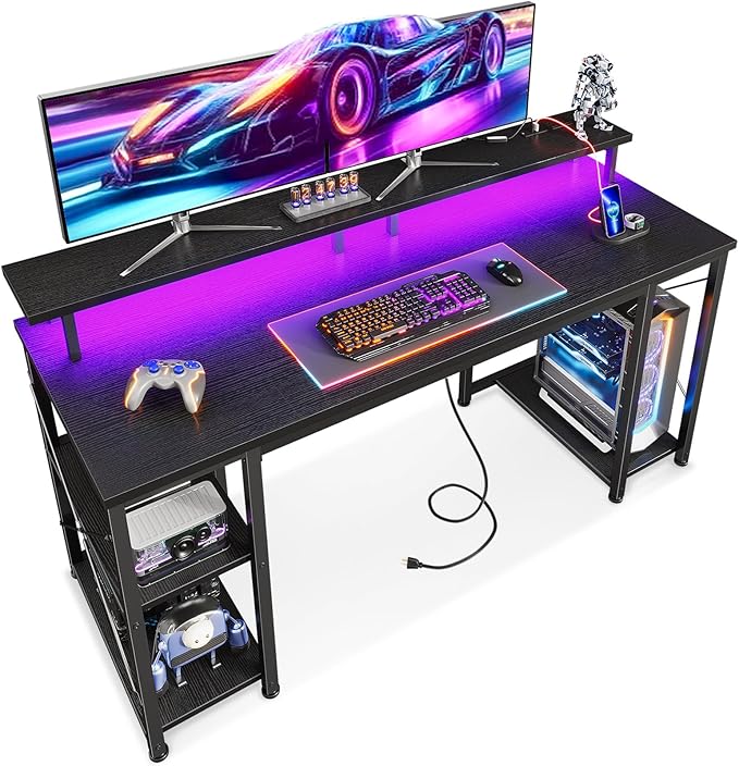 ODK 55 Inches Gaming Desk with LED Lights, Computer Desk with Monitor Stand, Pc Table with CPU Stand, Black