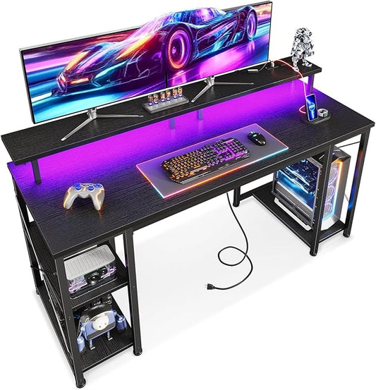 ODK 55 Inches Gaming Desk with LED Lights, Computer Desk with Monitor Stand, Pc Table with CPU Stand, Black