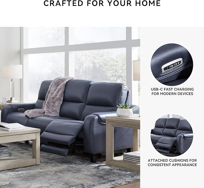 Signature Design by Ashley Mercomatic Contemporary Leather Match Wall Hugger Power Reclining Sofa with Adjustable Headrest and USB Ports, Blue