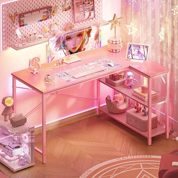 Huuger L Shaped Desk, 47 Inches Computer Desk with Reversible Storage Shelves, Gaming Desk, Corner Desk Home Office Desks, Writing Study Desk with Metal Frame, Pink