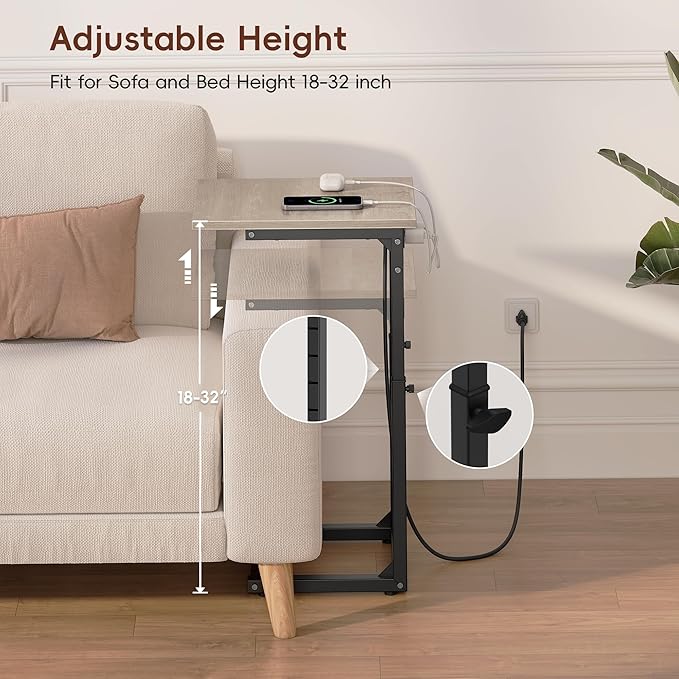 Vagusicc C Shaped End Table with Charging Station, 33" Tall Side Table for Couch, C Table Adjustable Height Small Couch Side Table, Slide Under Sofa Table TV Tray Table for Living Room, Bedroom, Grey