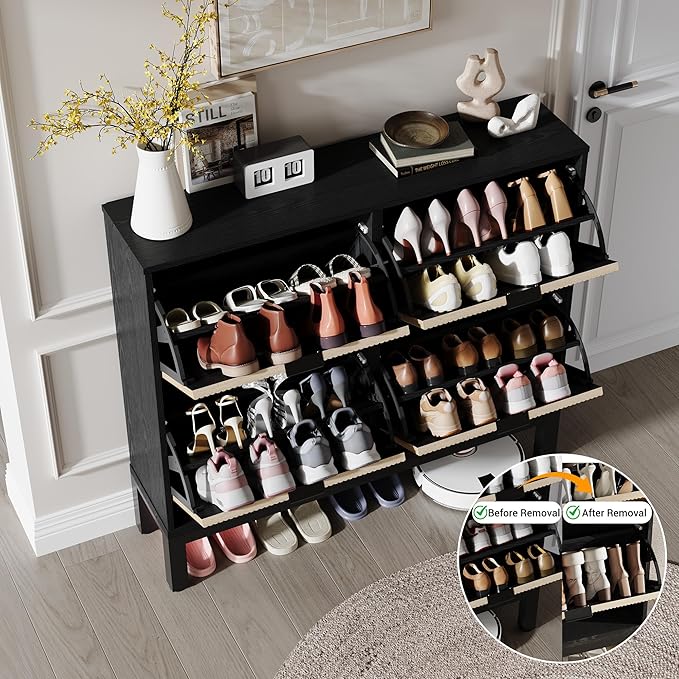 GarveeHome Shoe Storage Cabinet with 4 Flip Drawers, Farmhouse Fluted Shoe Organizer with Metal Legs, Freestanding Hidden Slim Narrow Shoe Rack for Entryway, Foyer, Hallway