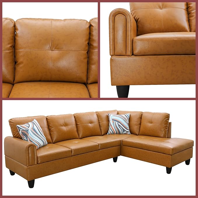 L Shaped Couch Sectional Couches with Chaise, 3 Pieces Modular Convertible Sofa for Living Room Furniture Sets and Small Apartment Faux Leather, Ginger