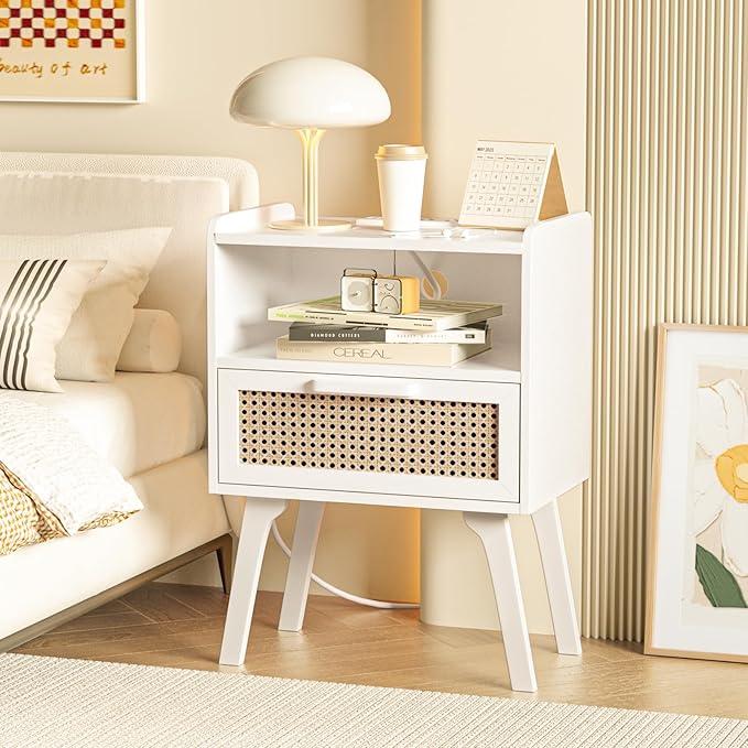 Lerliuo Rattan Nightstands Set of 2 with Charging Station, White Bedside Table with Drawer Open Shelf, Cane Accent Side End Table with Solid Wood Legs, Night Stand for Bedroom, Dorm and Small Spaces