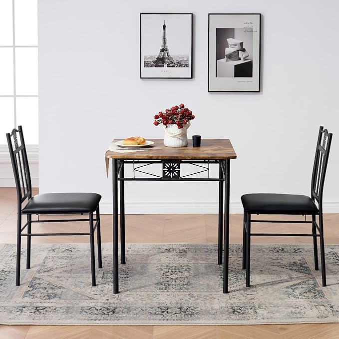 VECELO 3-Piece Dining Room Wooden Kitchen Table and Pu Cushion Chair Sets for Small Space, Retro Brown