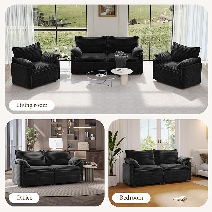 Vesgantti 74" Loveseat Sofa for Living Room, Comfy Cloud Couch Deep Seat Corduroy Modern 2 Seater Small Sofa with Armrest Pillow, Easy Assembly for Small Spaces, Black
