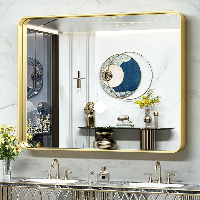 TokeShimi 48x40 Inch Brushed Gold Bathroom Vanity Mirror for Wall with Non-Rusting Aluminum Alloy Metal Frame Rounded Corner for Farmhouse Modern Home Decor (Horizontal/Vertical)