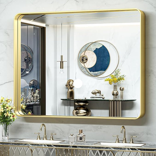 TokeShimi 48x40 Inch Brushed Gold Bathroom Vanity Mirror for Wall with Non-Rusting Aluminum Alloy Metal Frame Rounded Corner for Farmhouse Modern Home Decor (Horizontal/Vertical)