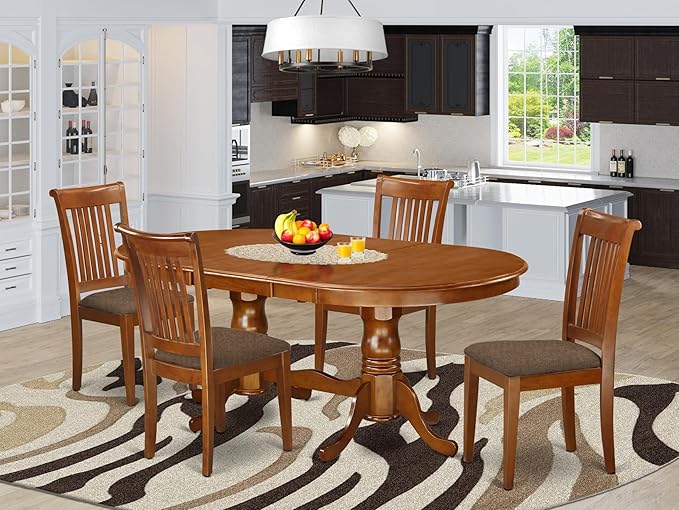 East West Furniture PLPO5-SBR-C 5 Piece Kitchen Table Set for 4 Includes an Oval Dining Room Table with Butterfly Leaf and 4 Linen Fabric Upholstered Chairs, 42x78 Inch, Saddle Brown