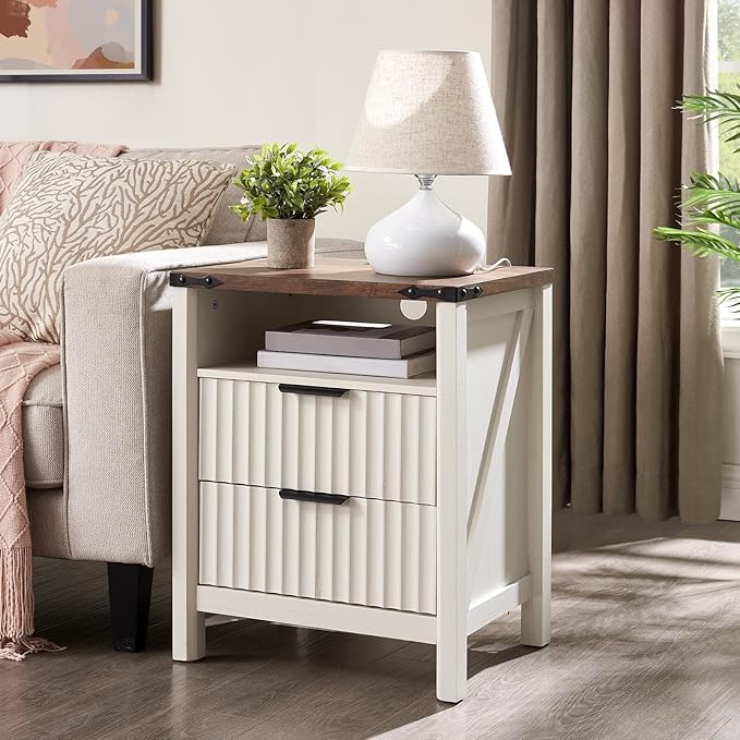 Antique White Nightstand with Charging Station Set of 2-20 Inch Wide Farmhouse Fluted Bedside Table with 2 Drawers, Modern Wood End Side Table for Bedroom Study Storage Home