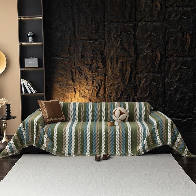 STACYPIK Thick Jacquard Green Couch Cover, Washable Sofa Cover for 3 Cushion Couch, Washable Chenille Couch Cover Blanket, Multi-use Sofa Protector Slipcover, Furniture Protector Pet-Friendly-71X134IN