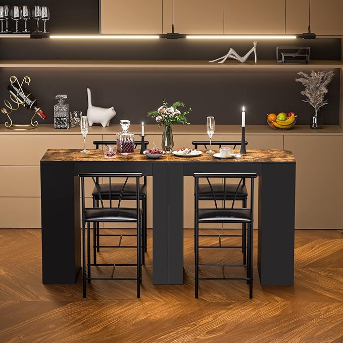 VECELO Small Bar Table and Chairs Tall Kitchen Breakfast Nook with Stools/Dining Set for 2, Storage Shelves, Space-Saving, Retro