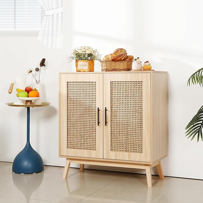 Rengue Sideboard Buffet Cabinet with Rattan Decorated Doors - Accent Cabinet Cupboard Console Table for Hallway, Entry, Living Room, Natural