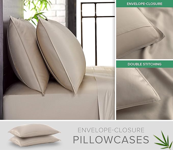 Queen Sheets by Pure Bamboo, Genuine 100% Organic Viscose Derived from Bamboo Bed Sheet Set, Luxuriously Soft & Cooling, Double Stitching, Lifetime Quality Promise (Queen, Sand)