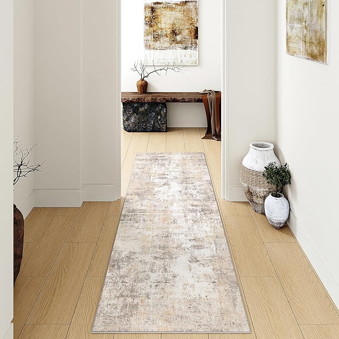 2x12 Washable Runner Rug Beige Grey Neutral Abstract Hallway Kitchen Living Room Bedroom Non Slip Throw Rug Soft Low Pile Indoor Carpet for Entrance Laundry Bathroom