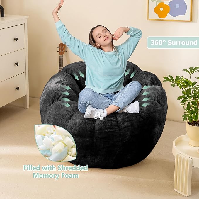 Pumpkin Bean Bag Sofa Chair, Bean Bag Chair with Filler for Teens, Kids, Toddler, Comfy and Lazy Sofa for Dorm, Apartment, Living Room and Bedroom, Black