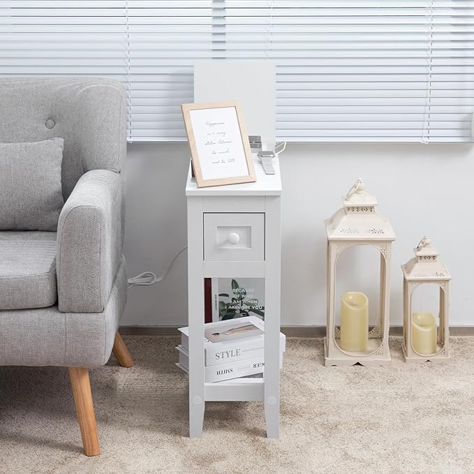 White End Table with Movable Top and Charging Station, Narrow Side Table with Storage Cabinet and USB, Sofa Table for Living Room Bedroom,White Side Table with Charger