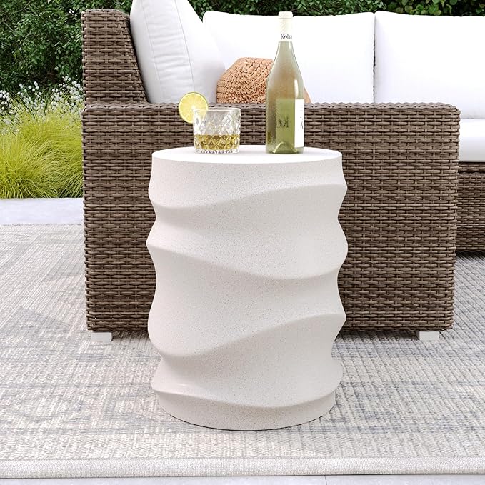 COSIEST Outdoor Side Table, 18''H Concrete Side Table for Patio, Streamlined Lightweight Accent Table, Decorative Patio Garden Stools, Plant Stand Drum Table, Round, Spotted White