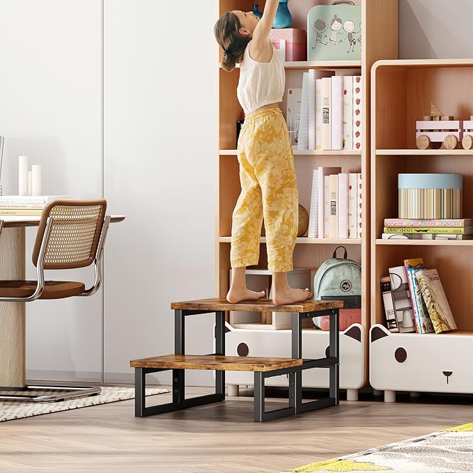 Homeiju 3 in 1 Step Stools for Adults Kids Toddler, Heavy Duty Wooden Step Stool with Non-Slip Pads, 2 Tire Step Stool for Kitchen Bathroom Bedroon Stepping Stool, Rustic Brown