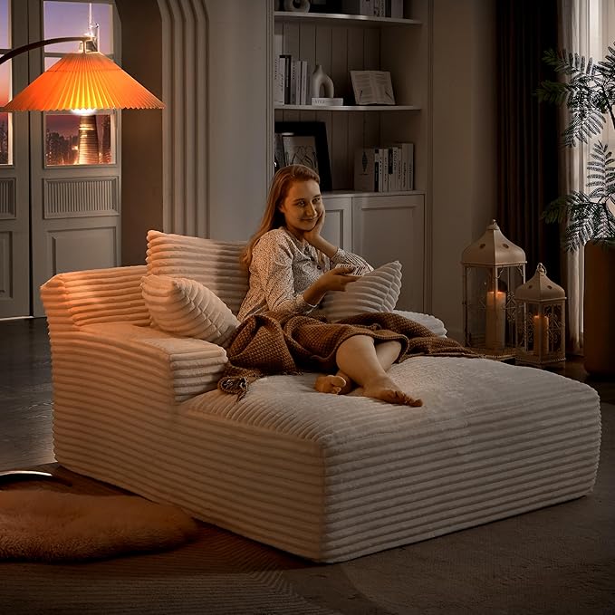 Oversized Chaise Daybed Lounge Sleeper Chair Sofa Bed Indoor, Fluffy Corduroy Upholstered Sleeper Recliner Sofabed Extra Wide Full Foam Cloud Sofabed W/3 Pillows for Home/Apartment Living Room Bedroom