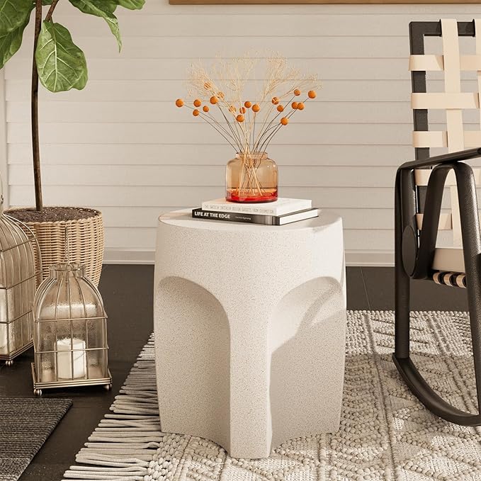 COSIEST Concrete Side Table Drum Shape,17''H Outdoor Side Table, Patio Accent Table Cement End Tables, Garden Decorative Stool, Plant Stand Drum Table, Spotted White