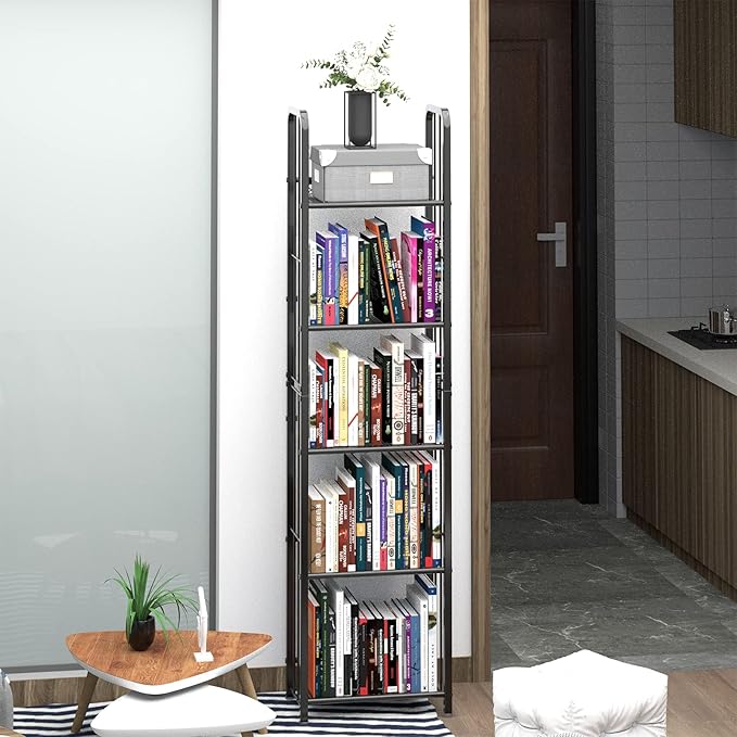 Bookshelf Storage Shelf Bookcase Freestanding Storage Stand for Living Room, Bedroom, Kitchen Rust Resistance Easy Assembly Free Combination Multi-Functional Organizer (5 Tiers, Black)