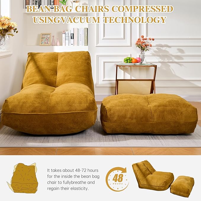 Bean Bag Chair with Ottoman, Comfy Bean Bag Sofa with Memory Foam, Lazy BeanBag Sofa with Footstool, Fireside Bean Bag Couch for Living Room, Bedroom, Apartment (Yellow)