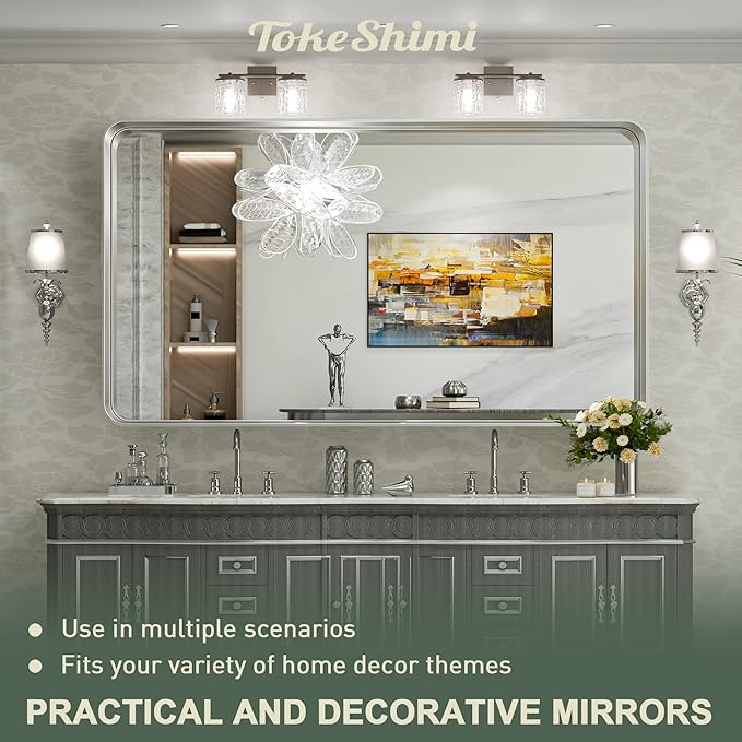 TokeShimi 55 x 36 Inch Brushed Silver Mirror Wall Mirror for Bathroom Black Metal Frame Decorative Rectangular Wall Mounted Home Decor Corner Hangs (Horizontal/Vertical)