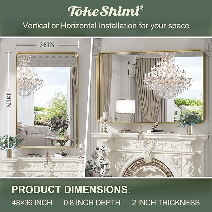 TokeShimi 48x36 Inch Brushed Gold Bathroom Vanity Mirror for Wall with Non-Rusting Aluminum Alloy Metal Frame Rounded Corner for Farmhouse Modern Home Decor (Horizontal/Vertical)