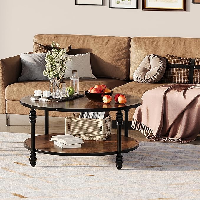 Round Coffee Table, Living Room Center Table with Storage Shelf, Rustic Wood Circle Coffee Table with Sturdy Metal Legs, 2-Tier Vintage Furniture for Living Room, Easy Assembly Accent Cocktail Table